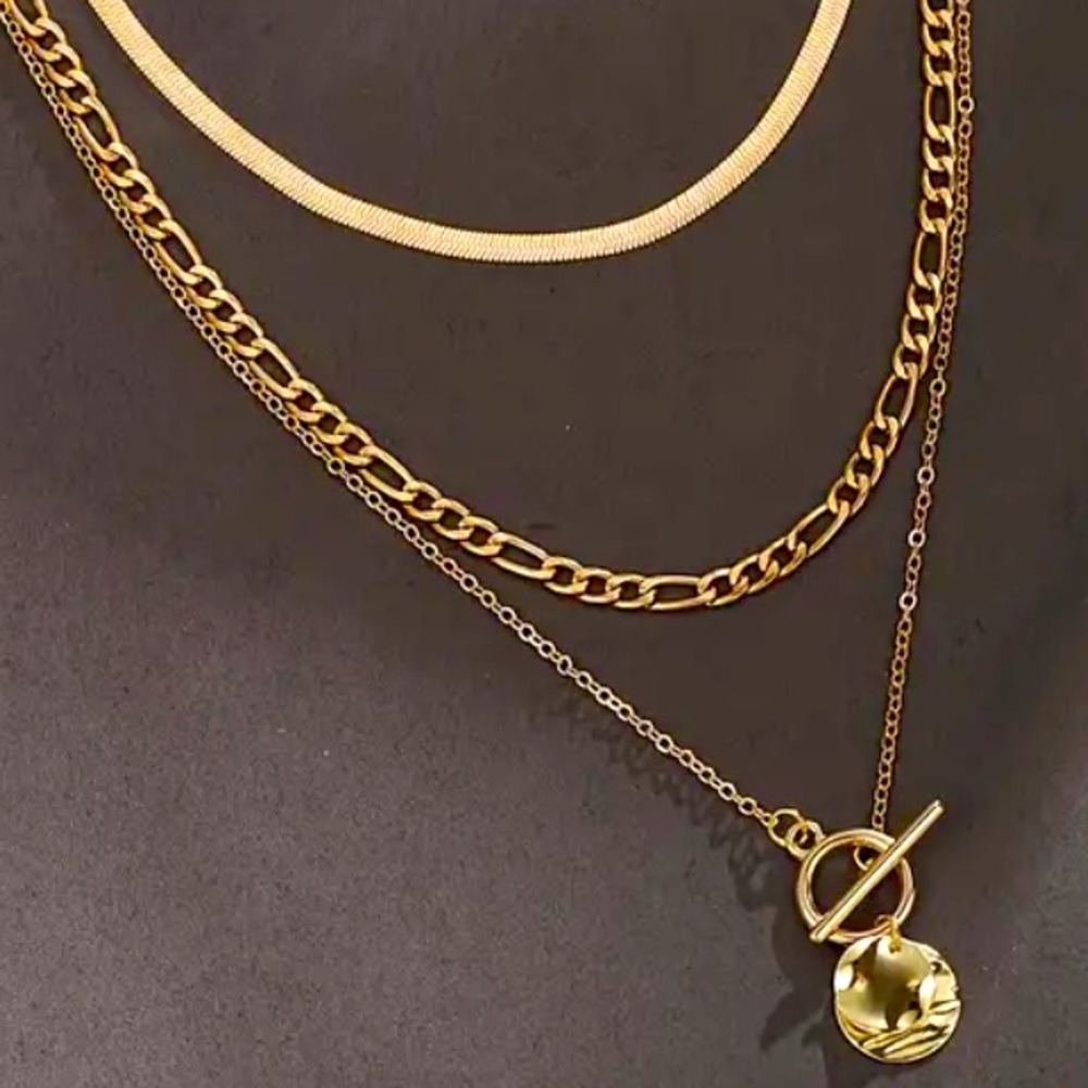 NIB 3-Piece Women's Layered Necklace Set, Snake Bone Chain with Coin Pendant‎ - Picture 5 of 7